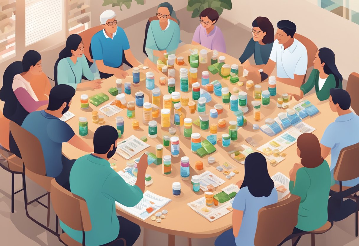 A table with various heart health supplements displayed, surrounded by a group of people reading and discussing the products