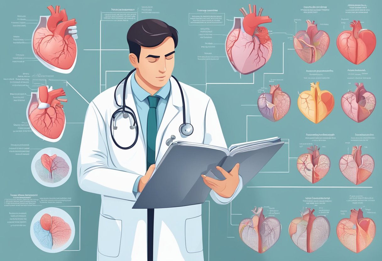 A doctor examines a chart of enlarged heart symptoms, while considering various treatment options