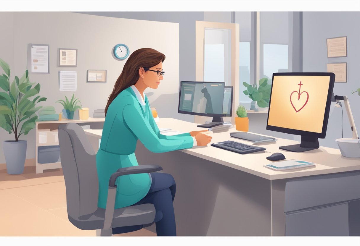 A female patient sits in a doctor's office, describing her symptoms. The doctor listens attentively, then orders tests to diagnose and treat her heart blockage