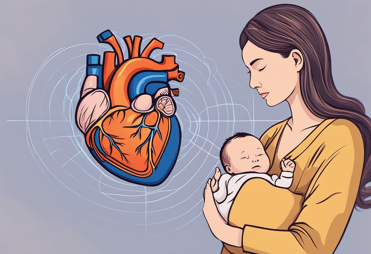 A woman's heart beats rapidly postpartum, symbolized by a pulsing heart and a newborn baby nearby