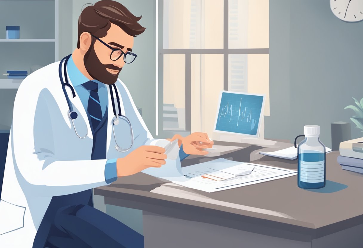 A doctor examines a chart of symptoms and prescribes medication for heart palpitations in a patient with an autoimmune disease