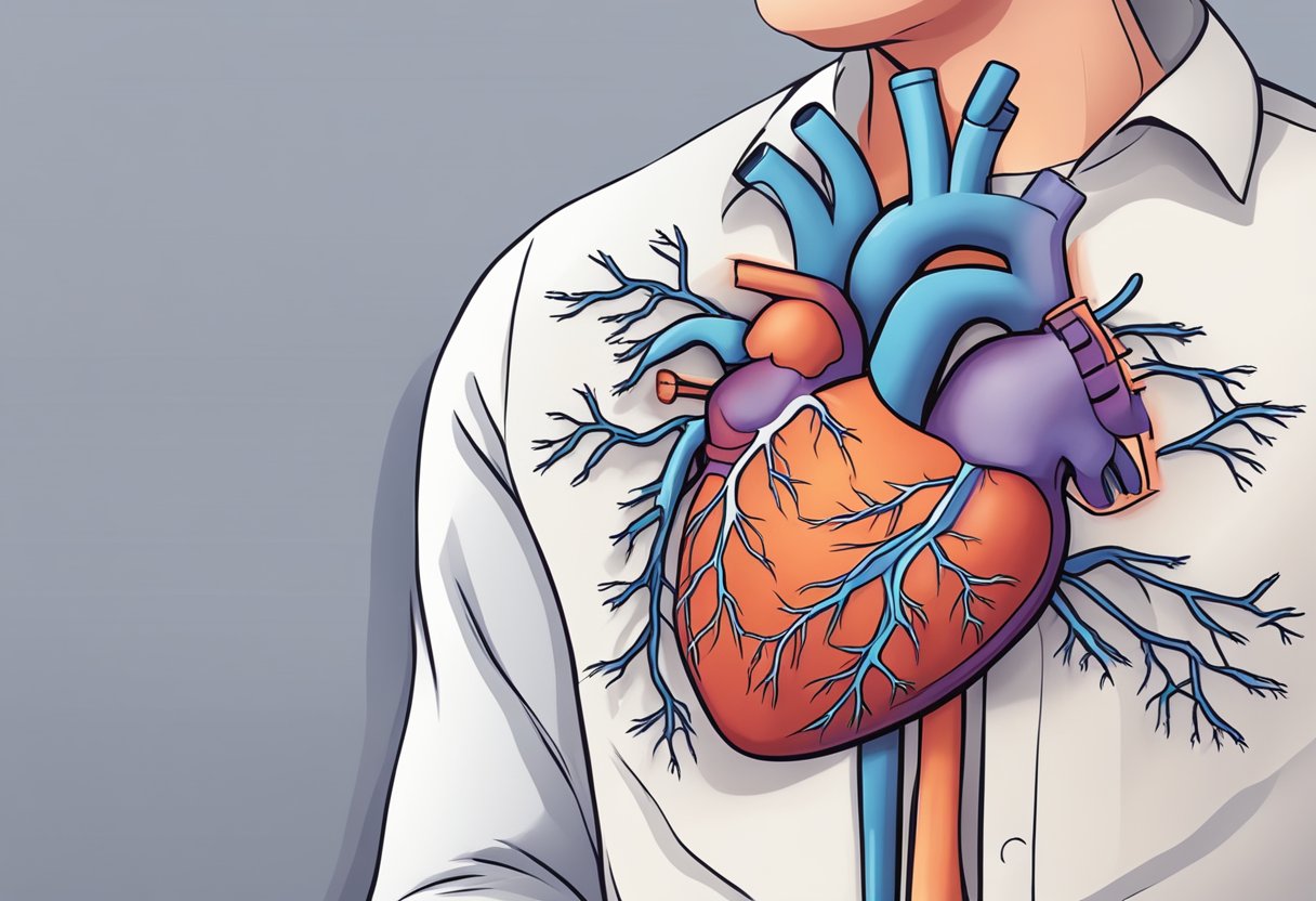 A heart with blocked arteries, causing chest pain. FAQ text in background