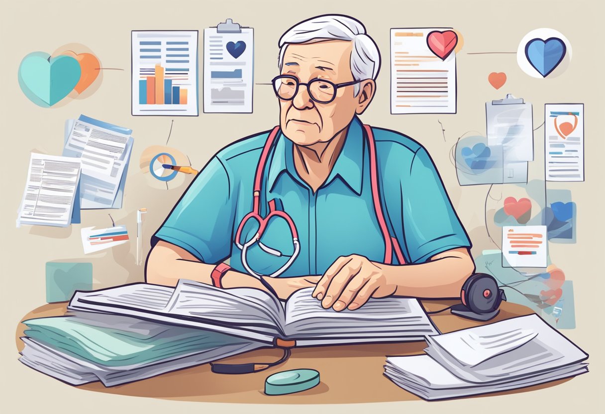 Elderly person with heart failure, surrounded by FAQ documents