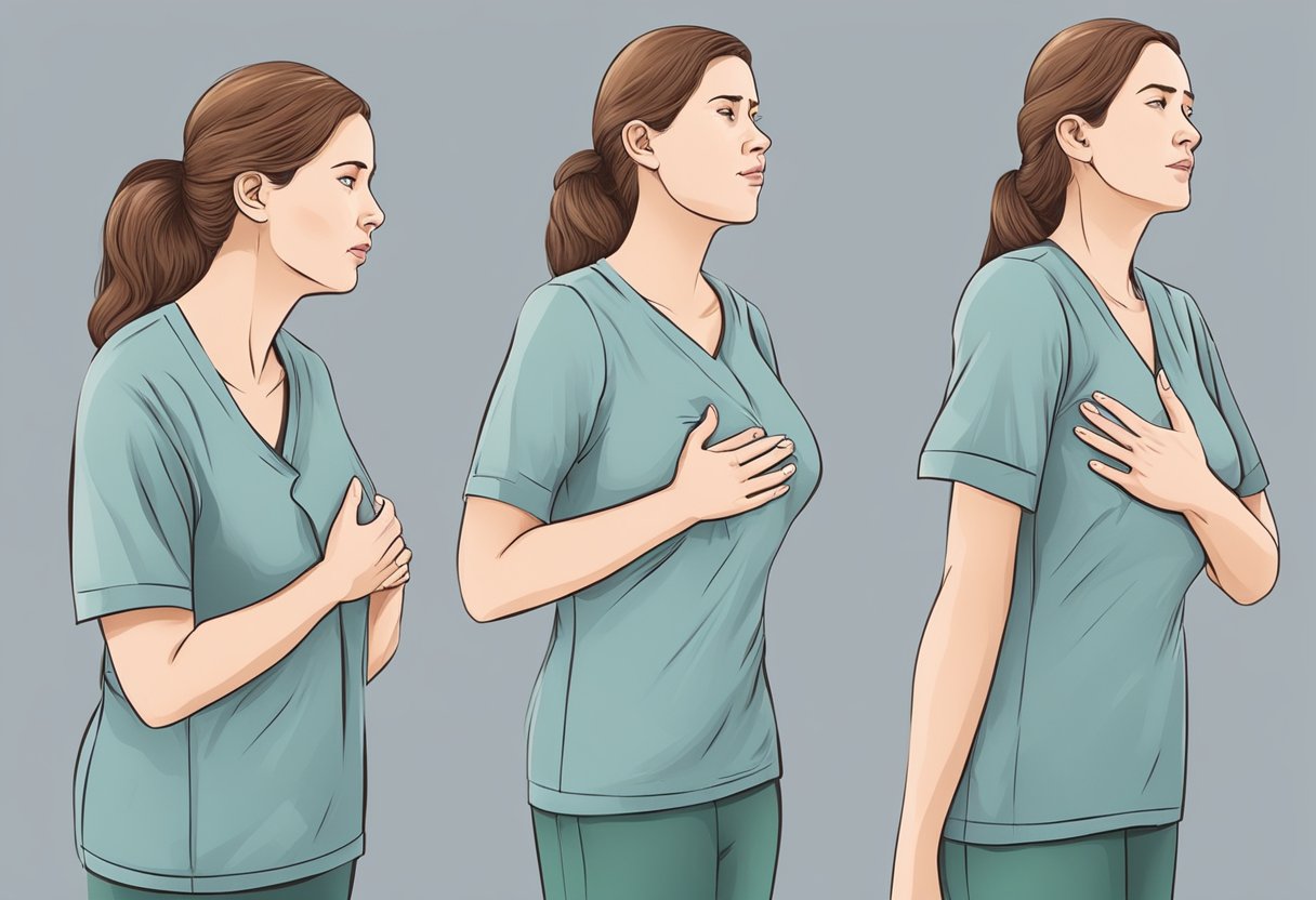A woman with chest pain, shortness of breath, and fatigue. She clutches her chest in discomfort, seeking medical help