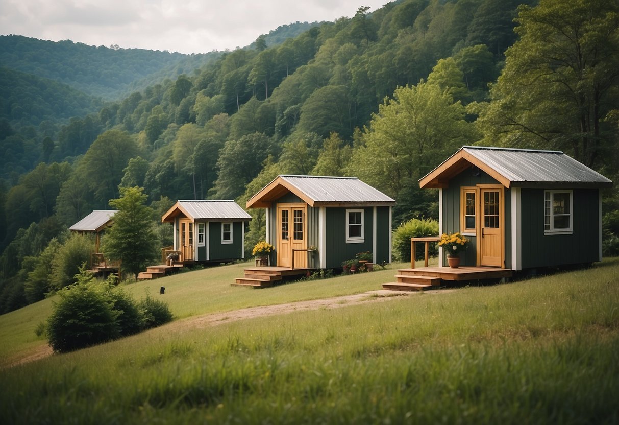 A cluster of tiny homes nestled in the rolling hills of western NC, surrounded by lush greenery and a sense of community