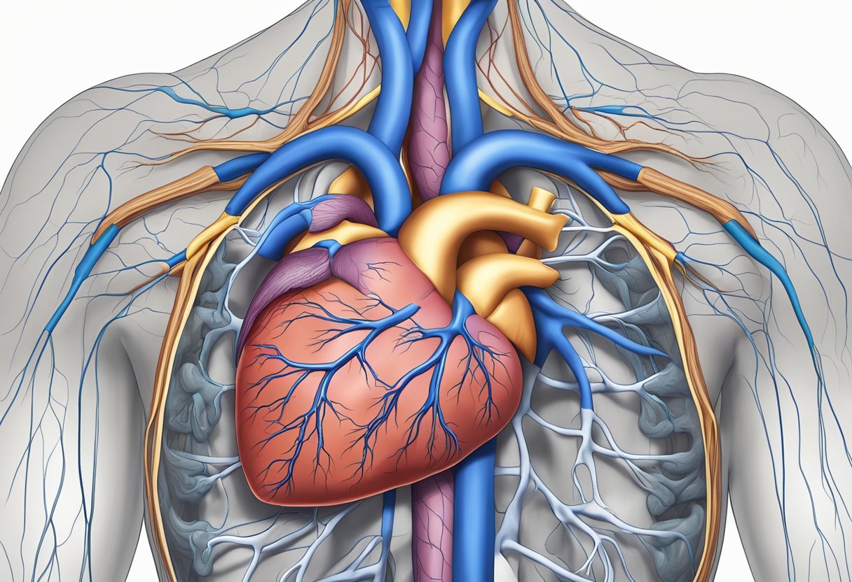 An enlarged heart pulsates with irregular rhythm, causing shortness of breath and chest pain. Surrounding veins and arteries appear strained