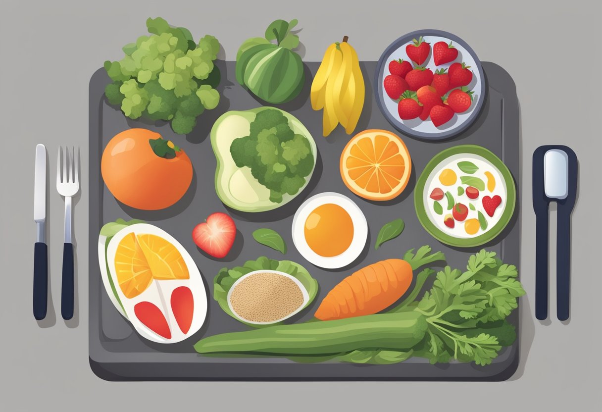 A table set with a variety of heart-healthy and kidney-friendly foods, including fruits, vegetables, lean proteins, and whole grains. A measuring cup and food scale are nearby for portion control