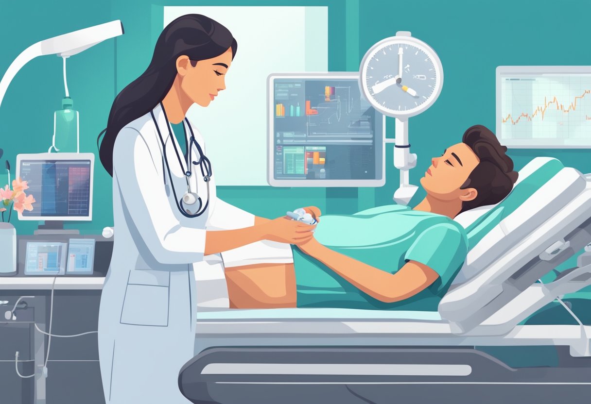 A medical professional administers medication to a patient with a high heart rate postpartum. The patient is lying in a hospital bed, surrounded by medical equipment and monitors