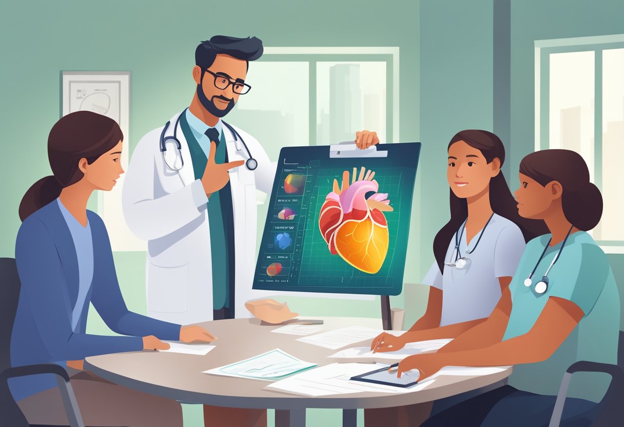 A doctor pointing to a chart showing the prognosis of congestive heart failure, while a group of concerned family members look on