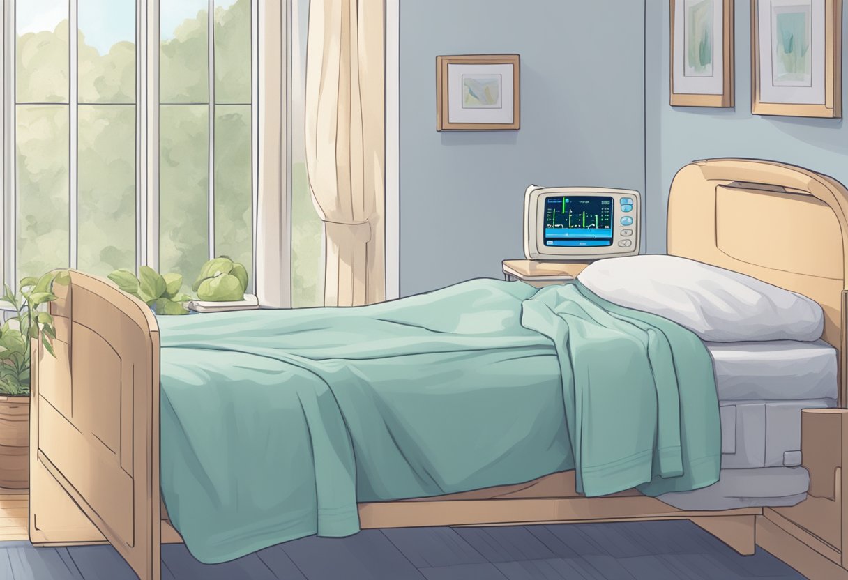 A heart rate monitor beeping rapidly next to a postpartum care bed