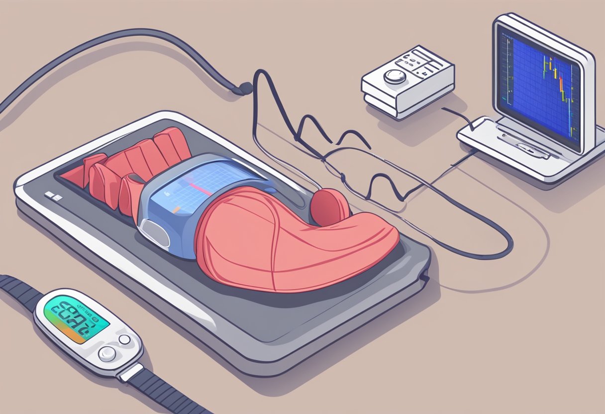 A person's heart rate is measured while lying down, with a heart rate monitor displaying the data