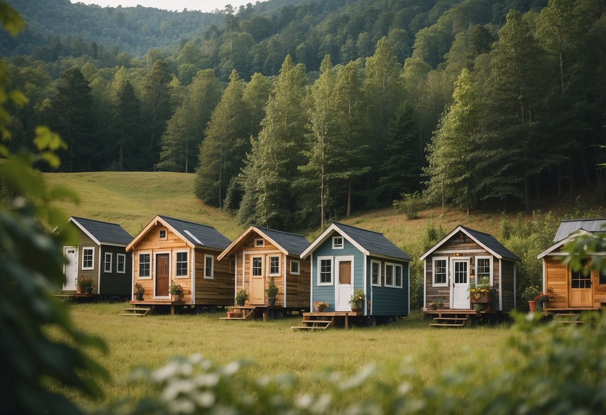 A cluster of tiny homes nestled in the rolling hills of western NC, surrounded by lush greenery and a sense of community