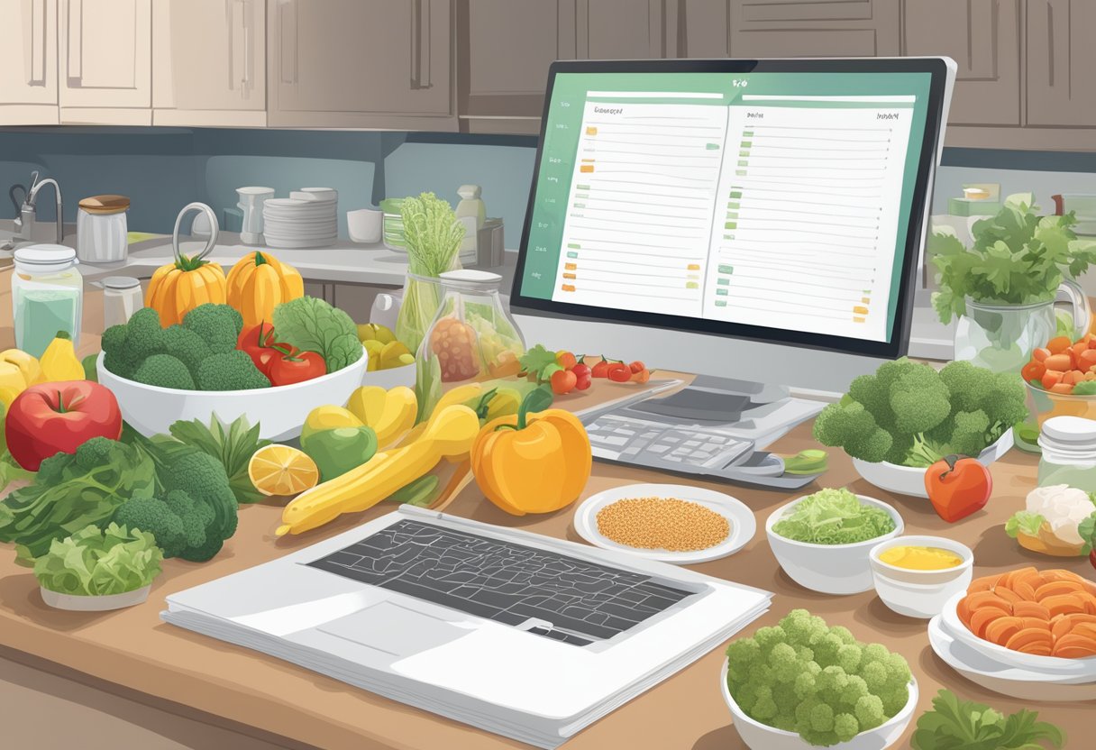 A kitchen counter with heart-healthy and kidney-friendly foods, a meal planner, and a list of dietary guidelines