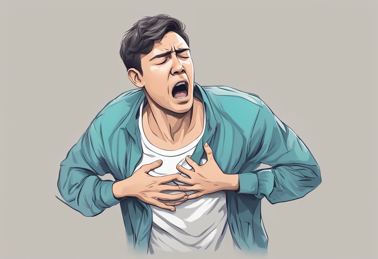 Person clutches chest, gasping for air, sweating profusely. Face contorted in pain, as they struggle to stay conscious
