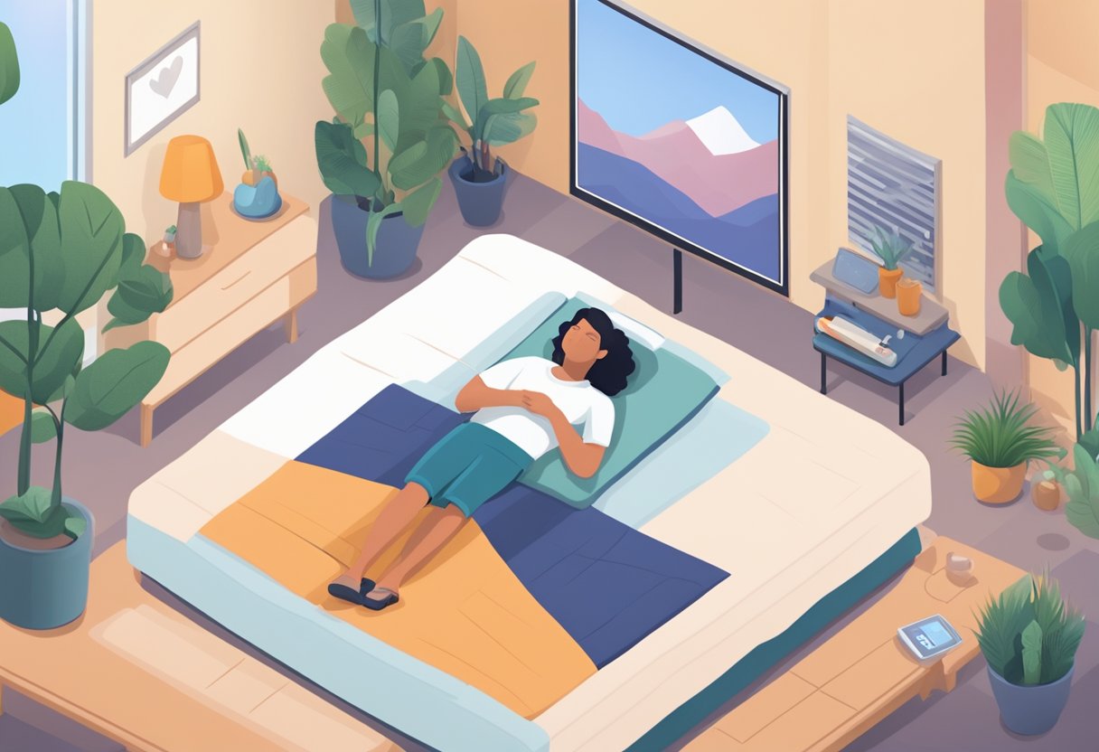 A person lying on a bed, surrounded by calm and peaceful surroundings. A heart rate monitor is placed next to them, displaying a stable and relaxed heart rate