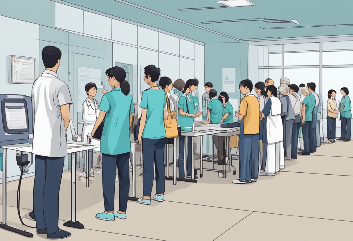 A group of people line up for heart screening in Singapore, with medical professionals and equipment ready to conduct tests