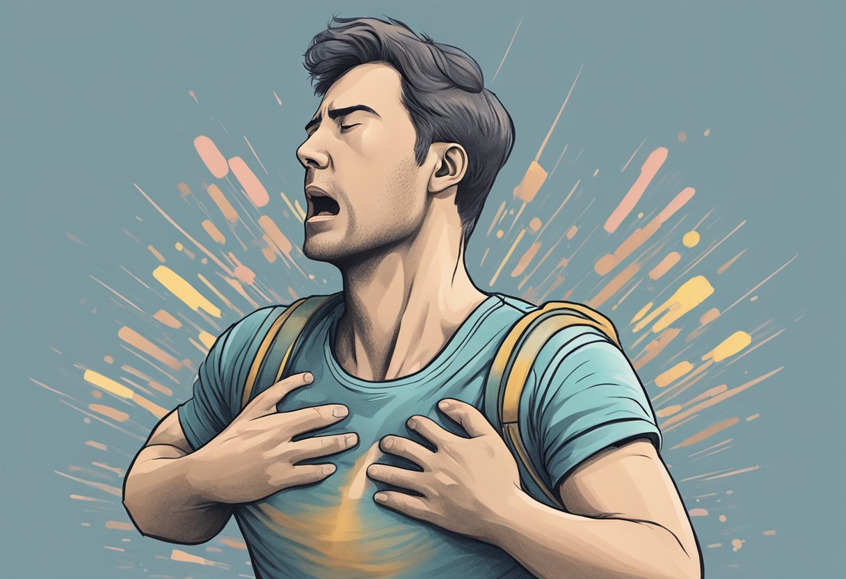 A person clutching their chest, sweating, and struggling to breathe