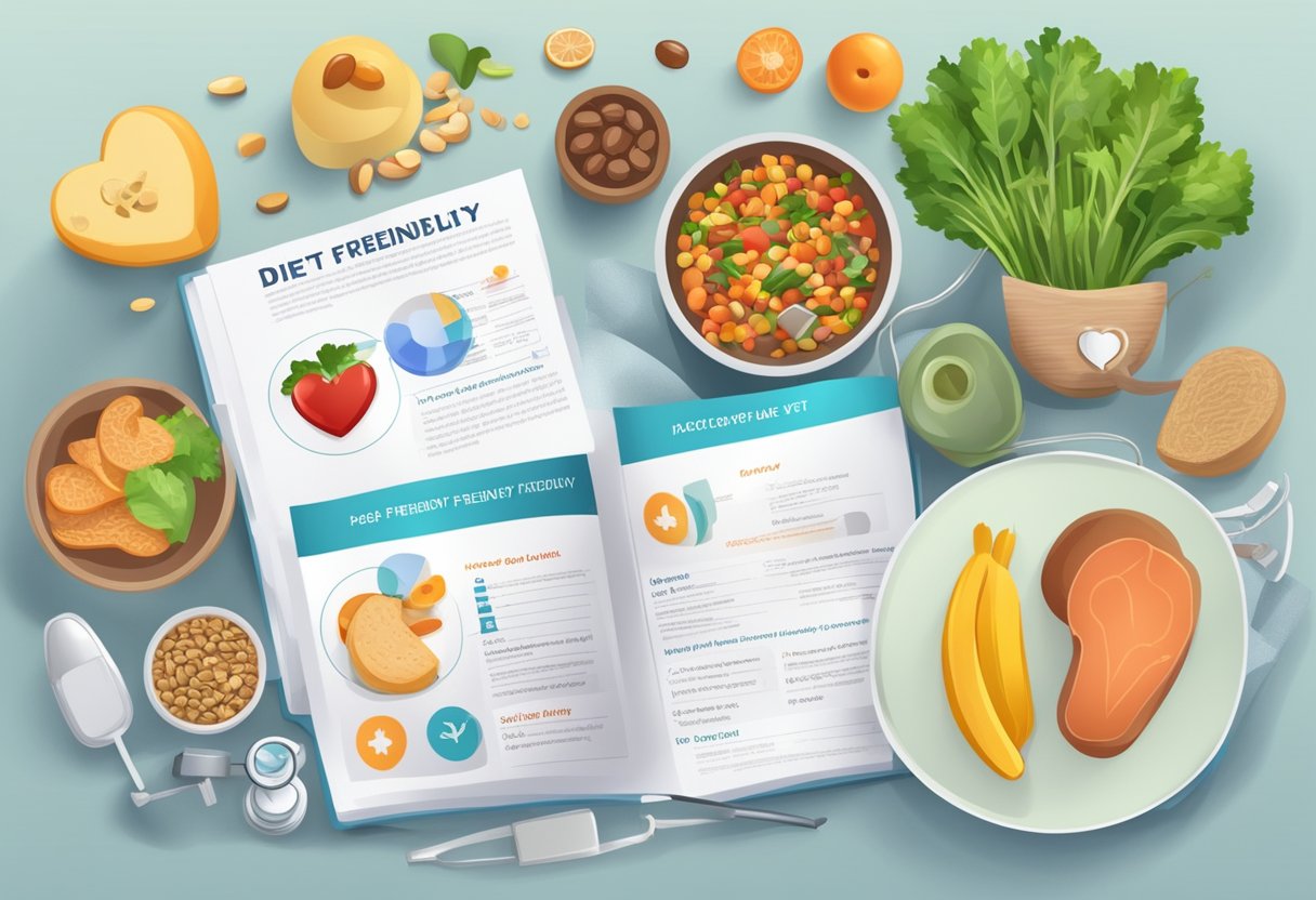 A table with heart and kidney-friendly foods. A pamphlet with FAQs on diet for patients. Medical equipment in the background
