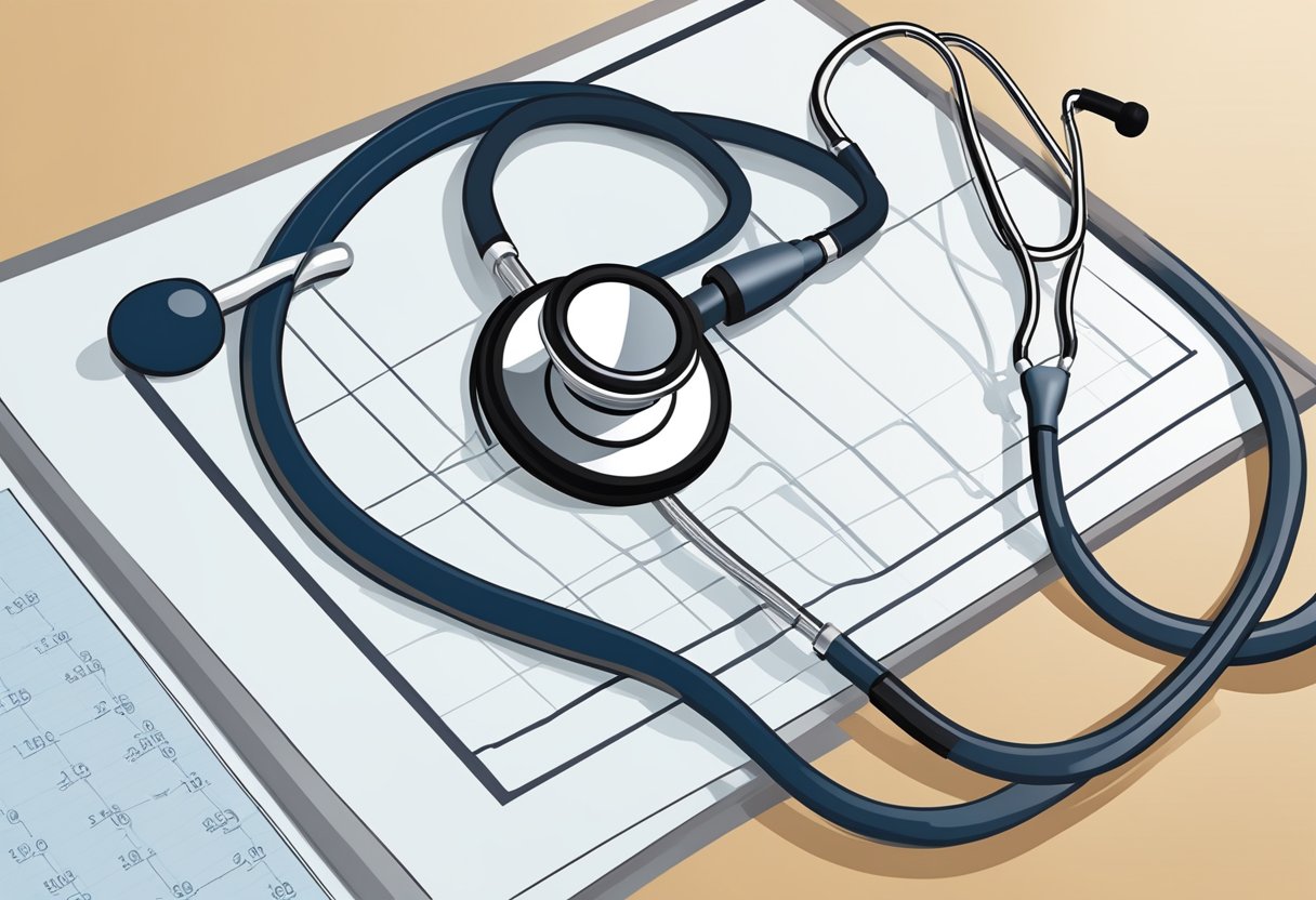 A stethoscope on a desk next to a blood pressure cuff and a chart showing normal heart pressure readings