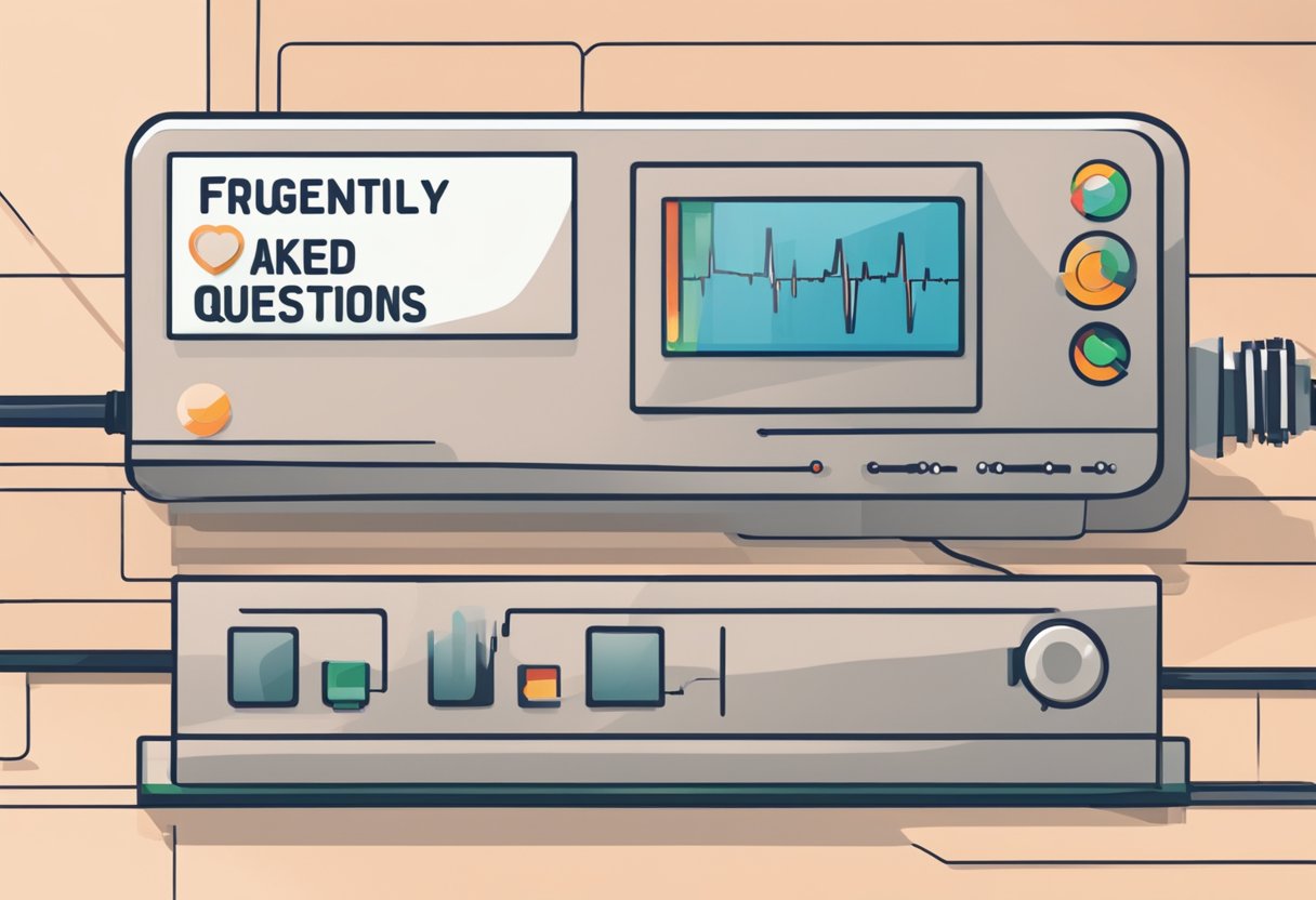 A heart rate monitor lies still, displaying a flat line. A sign reads "Frequently Asked Questions" nearby