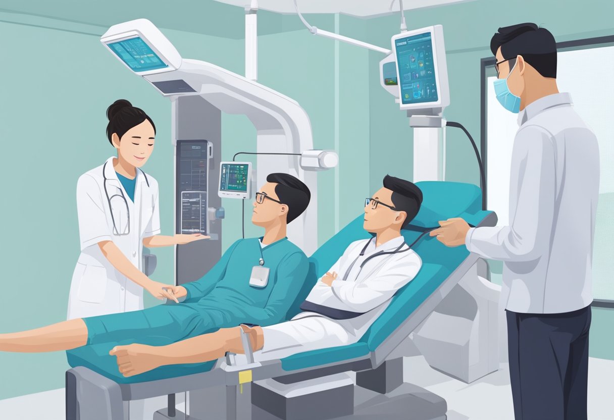 A heart screening machine in a modern Singapore clinic, with a technician explaining the process to a patient