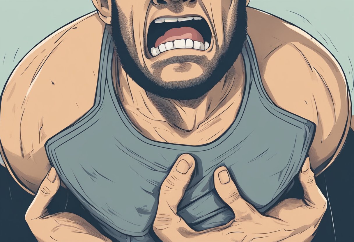 A person clutching their chest, grimacing in pain, with a distressed expression on their face