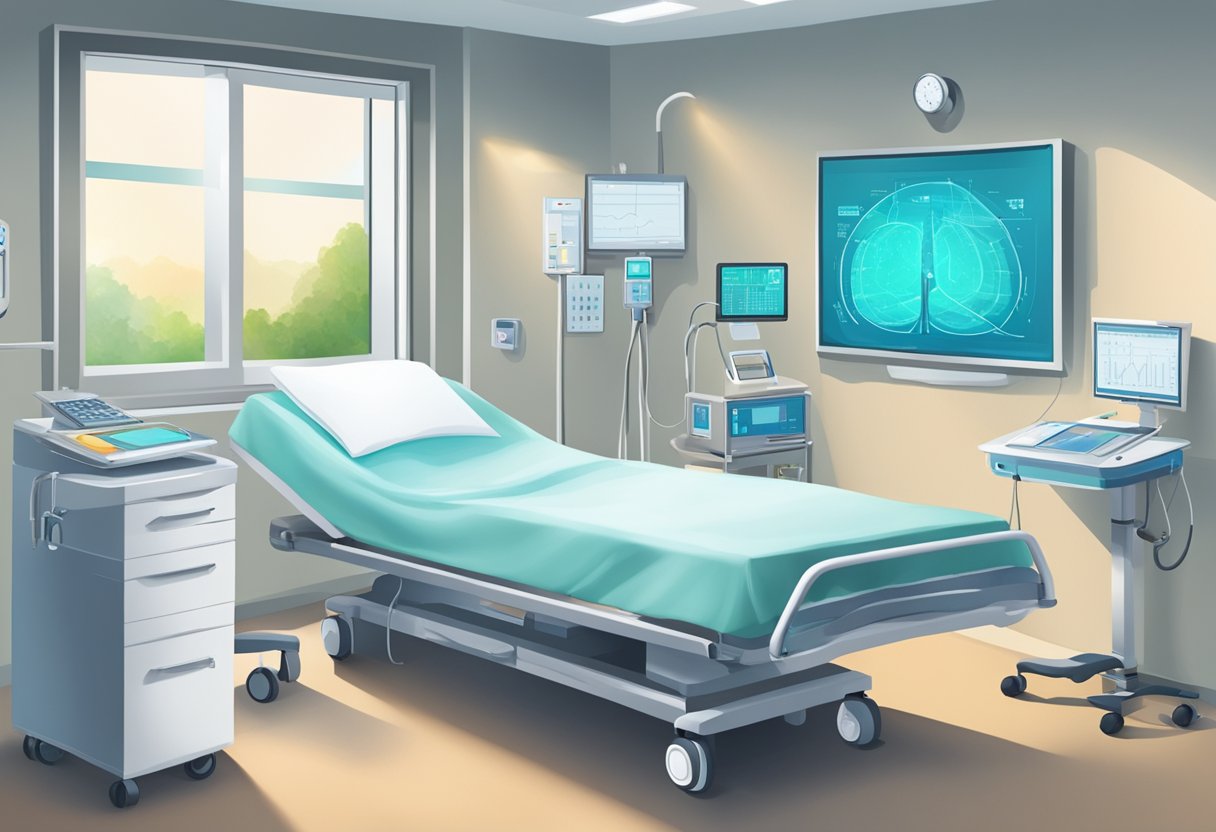 A hospital room with medical equipment, a patient's bed, and a healthcare professional monitoring vital signs