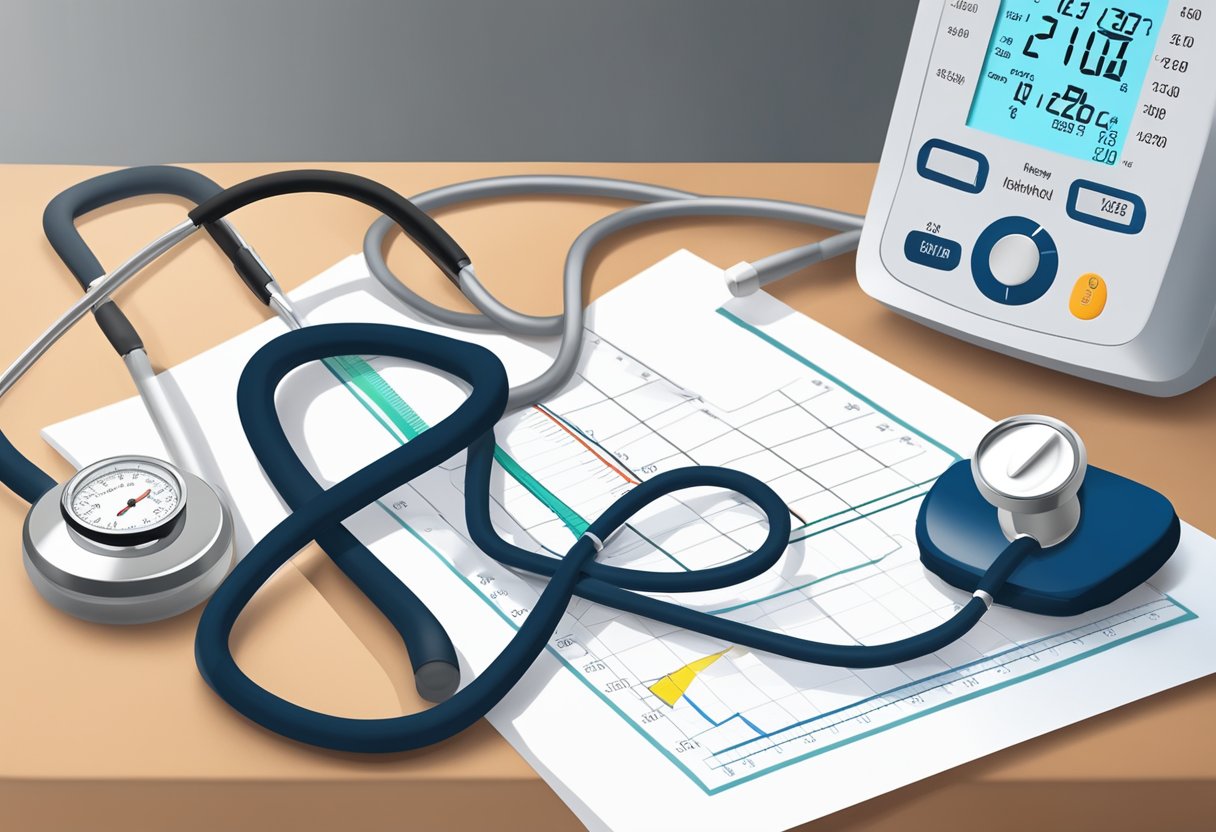 A stethoscope placed on a desk next to a blood pressure monitor, with a chart showing healthy blood pressure levels in the background