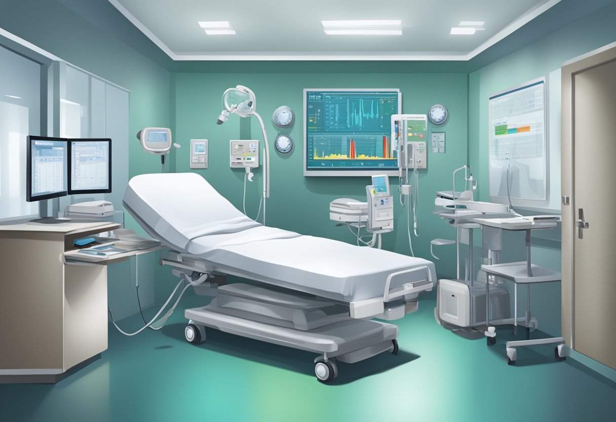 A hospital room with medical equipment, a patient's bed, and a healthcare professional monitoring vital signs