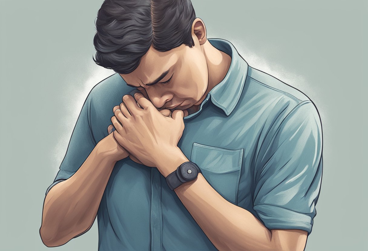 A person clutching their chest, sweating, and struggling to breathe