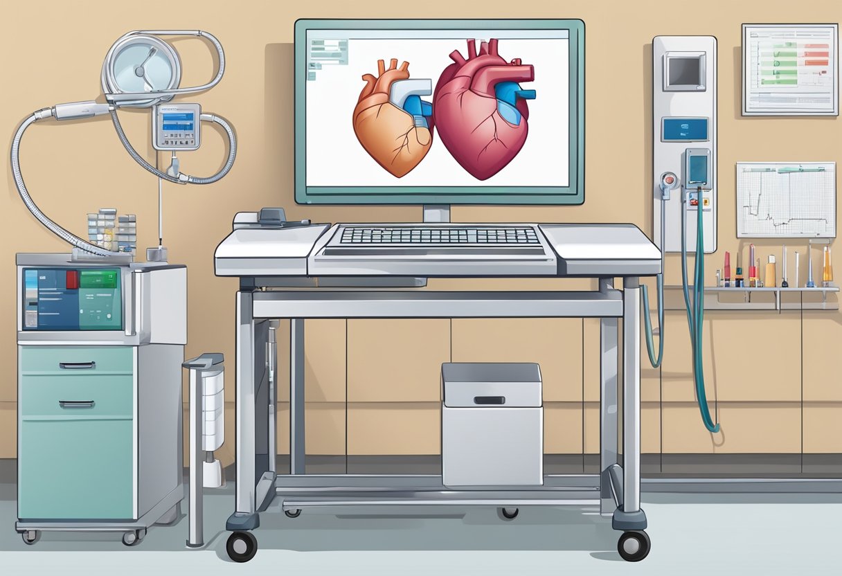 Medical equipment arranged for heart screening in a clinic, with pamphlets on factors, risks, and preparation