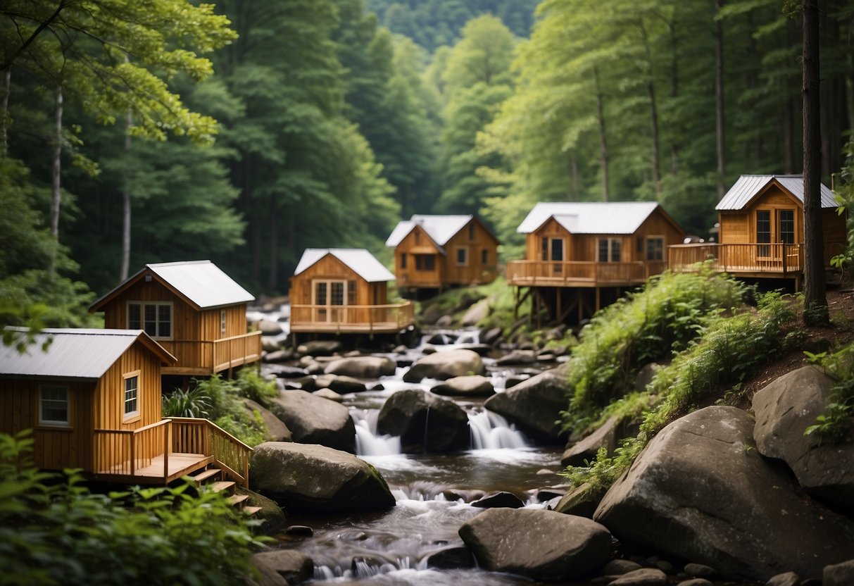 A cluster of tiny homes nestled in the lush mountains of western North Carolina, surrounded by towering trees and a flowing stream