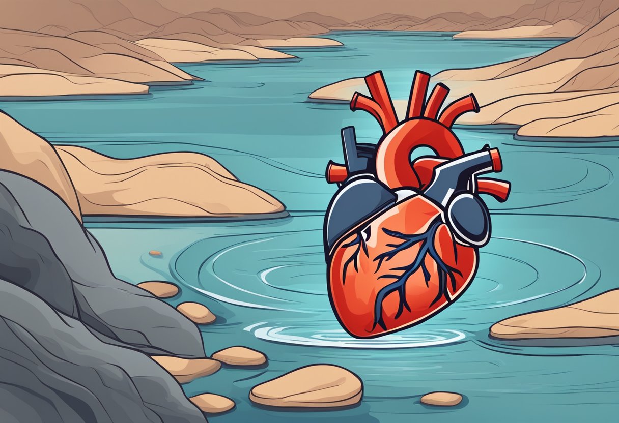 A healthy heart pumps blood at a steady pressure. Illustrate a calm, flowing river to represent good blood pressure management