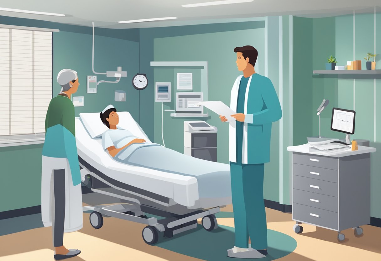A hospital room with medical equipment and a patient's chart open on a bedside table, with a healthcare professional discussing treatment options with a concerned family member