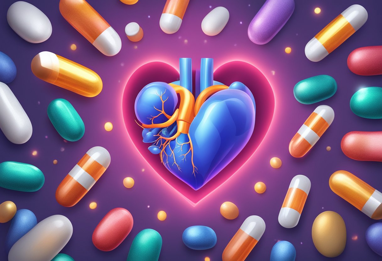 A heart surrounded by arginine supplements, with a glowing aura of therapeutic potential
