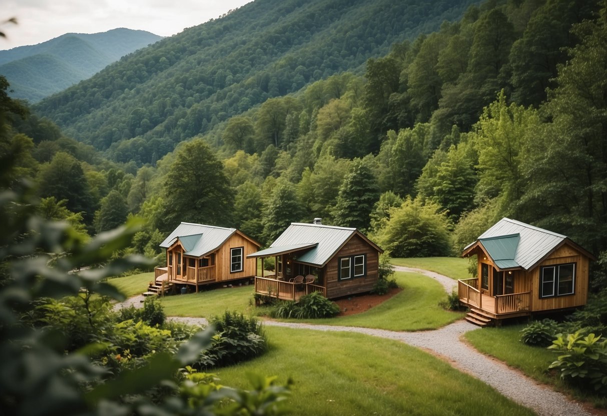 A cluster of tiny homes nestled among the lush mountains of western North Carolina, with winding pathways and communal gathering spaces