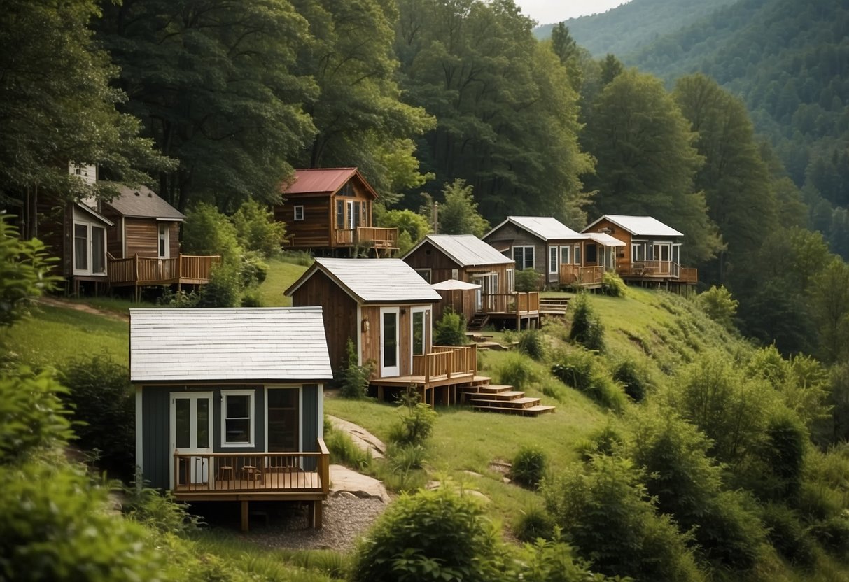 A cluster of tiny homes nestled in the rolling hills of western North Carolina, surrounded by lush forests and tranquil streams, with communal gathering spaces and gardens