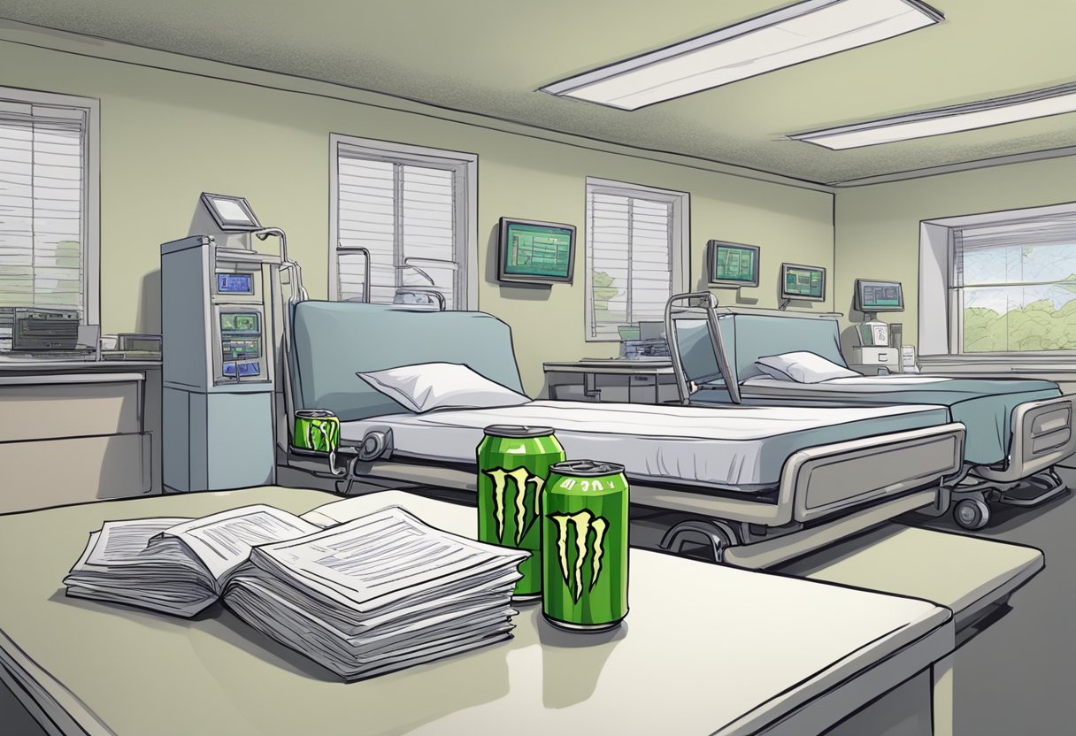 Monster Energy cans and legal documents surround a hospital bed. A heart monitor beeps rapidly. Courtroom sketches capture intense legal battles
