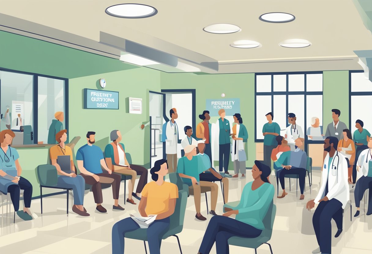 A crowded hospital waiting room with a prominent "Frequently Asked Questions" sign, patients and medical staff in the background