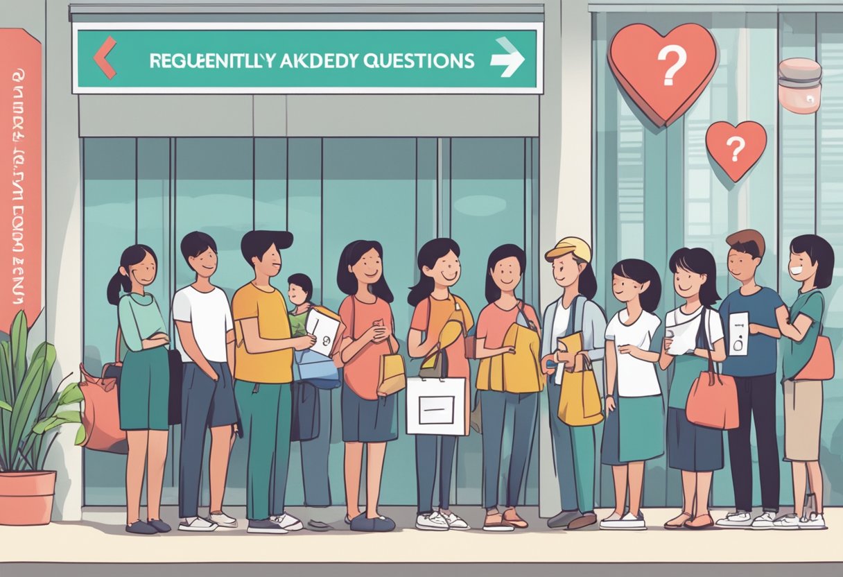 A group of people waiting in line at a heart screening event in Singapore, with a sign that reads "Frequently Asked Questions" prominently displayed