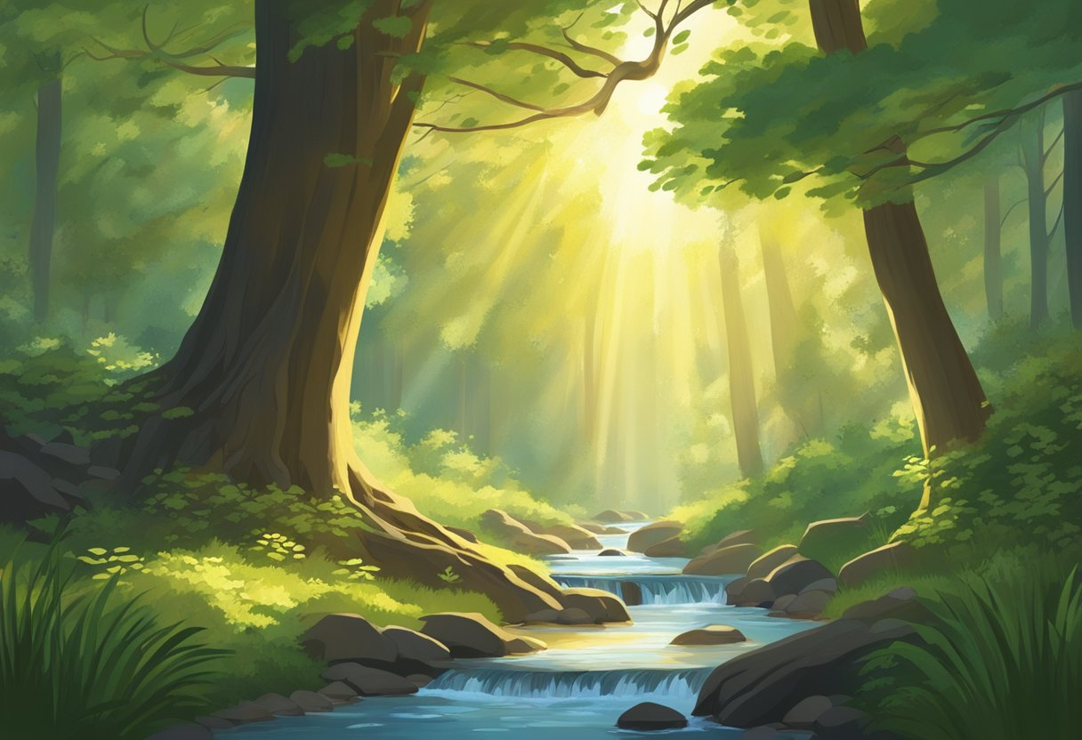 A serene forest with a trickling stream, surrounded by tall trees and chirping birds. The sun shines through the canopy, casting dappled light on the peaceful scene