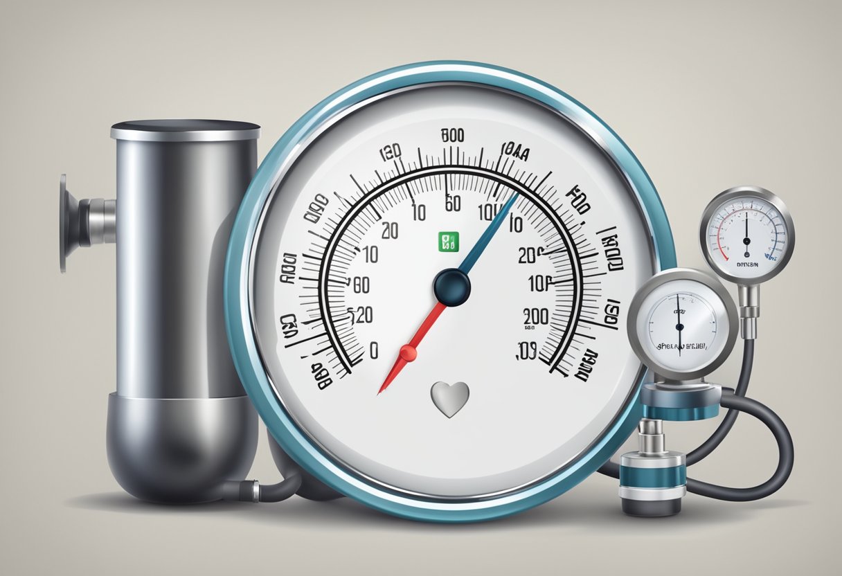A heart pressure gauge with a reading within the healthy range, surrounded by medical equipment and a calm, peaceful atmosphere