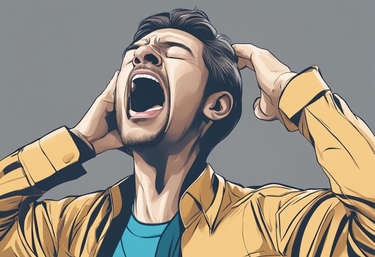 A person with a wide-open mouth, eyes shut, and arms stretched, showing signs of exhaustion and excessive yawning