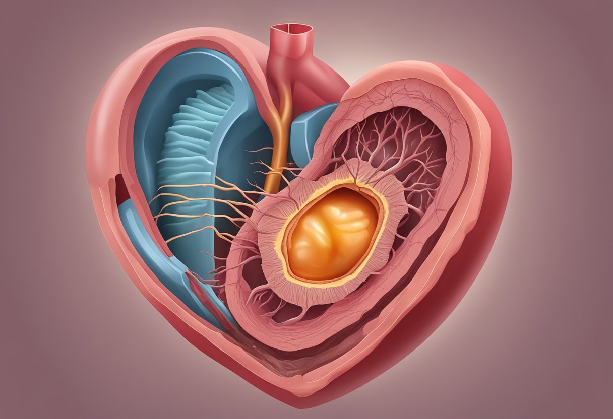 A clogged artery with cholesterol buildup, leading to a heart attack