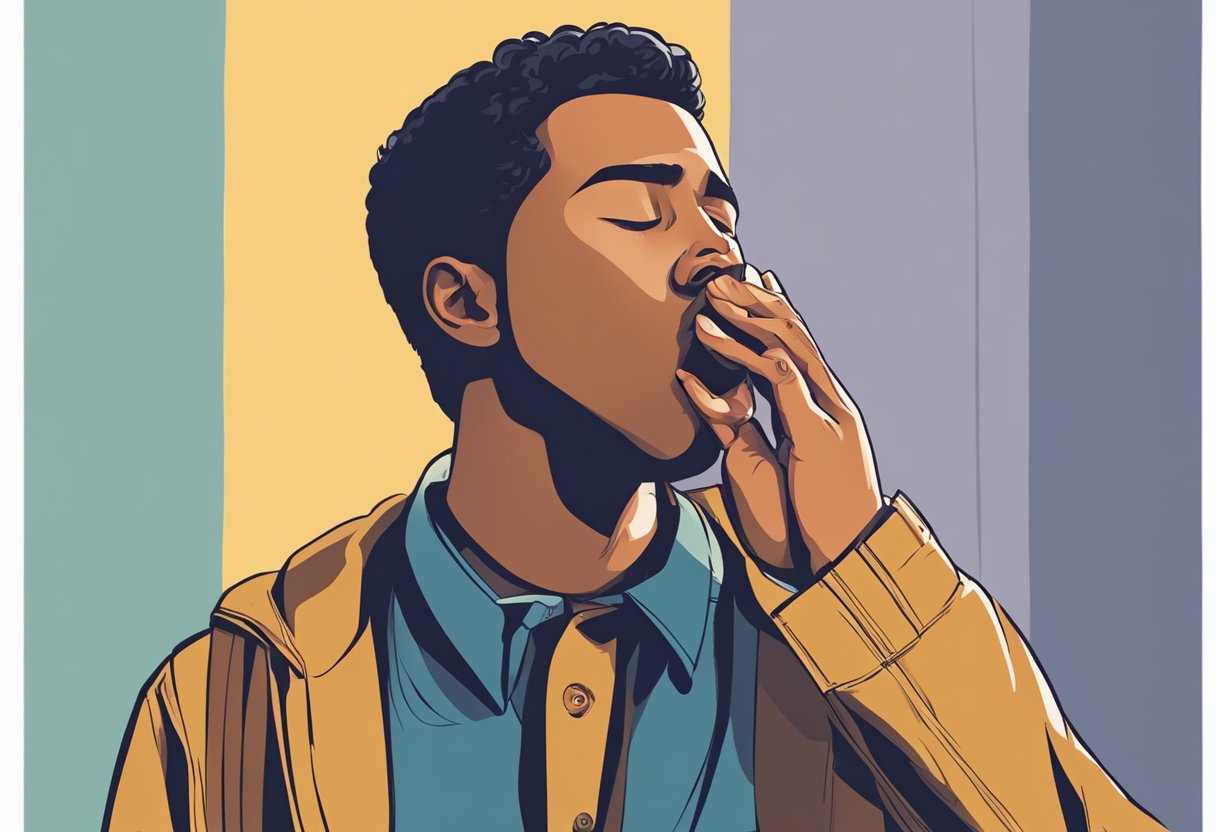 A person standing with a hand over their mouth, eyes closed, and a slight tilt of the head, as if experiencing a prolonged yawn