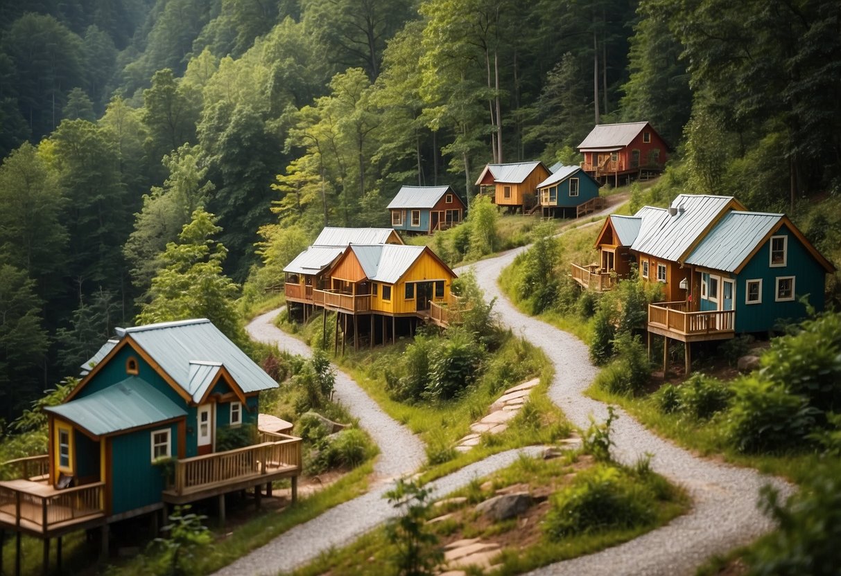 A cluster of tiny homes nestled in the lush mountains of western North Carolina, with winding pathways connecting the colorful, eco-friendly dwellings