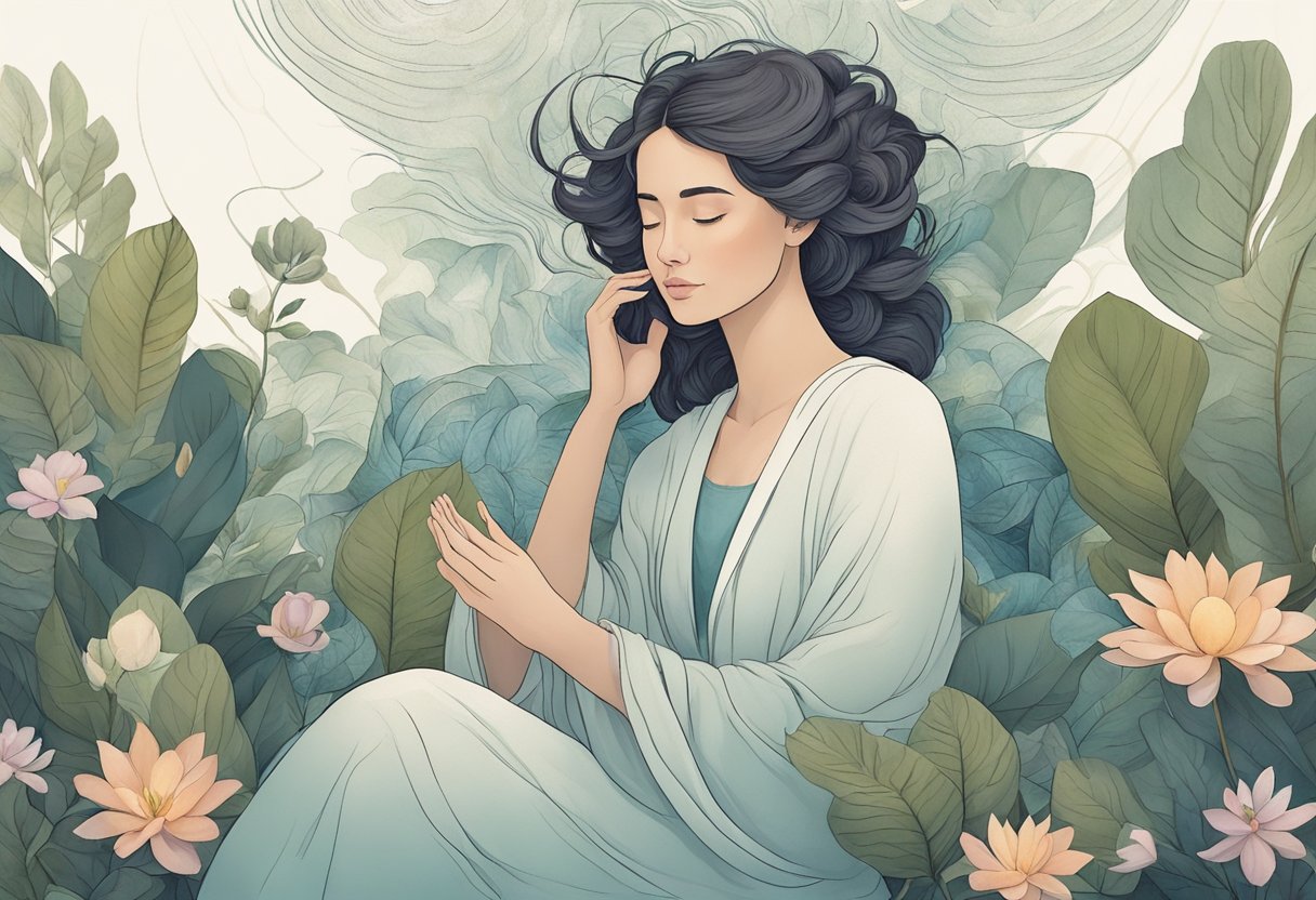 A serene figure surrounded by calming elements, taking deep breaths to slow their heart rate