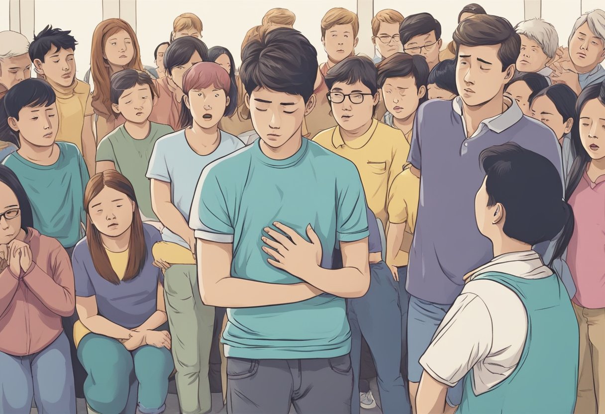 A teenager clutches their chest in pain, surrounded by concerned onlookers