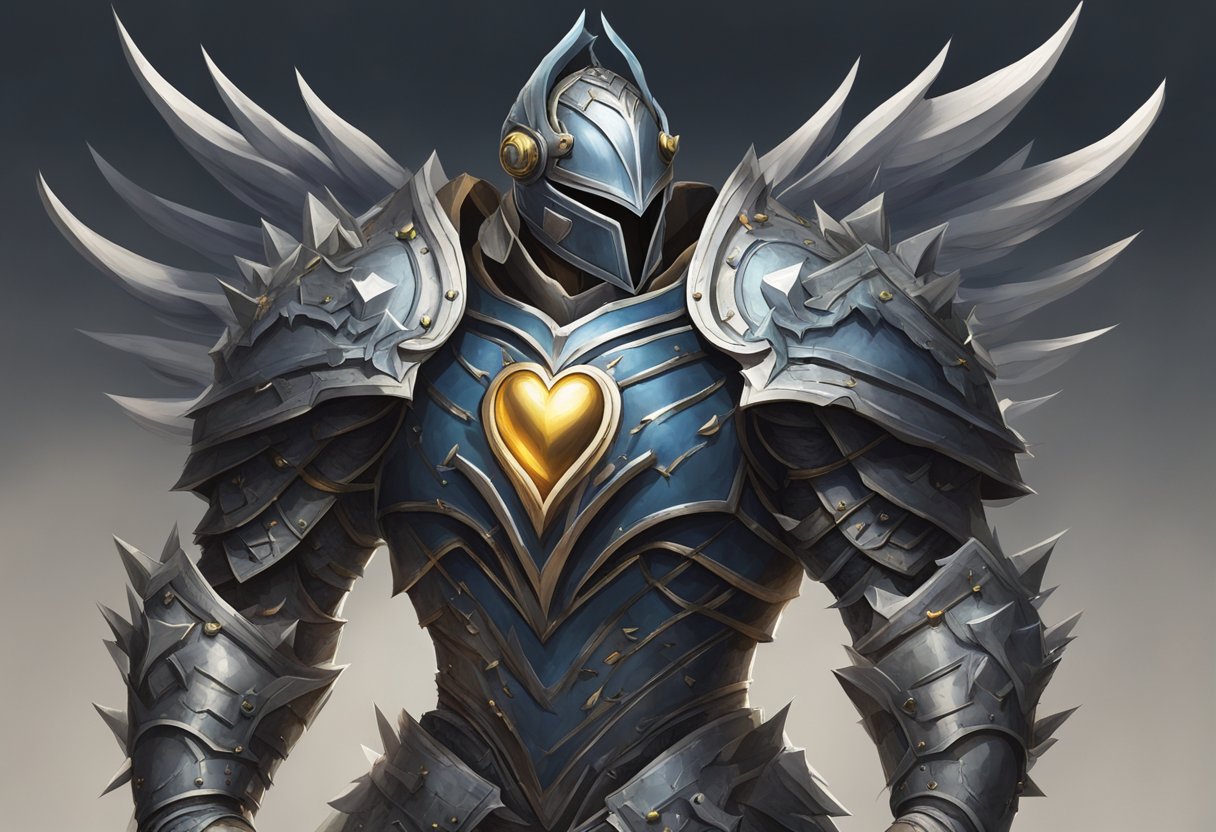 A strong, unyielding heart surrounded by thorns and armor, standing tall and resolute against the world