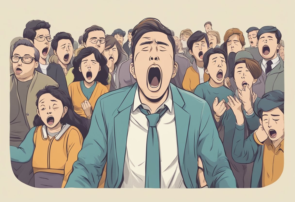 A person excessively yawning, with a worried expression, surrounded by onlookers